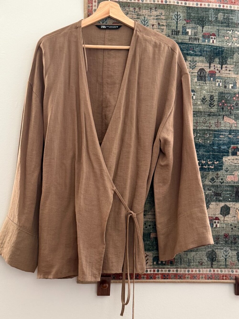 Zara Camel Wrap Shirt with Wide Sleeves – Size M–L